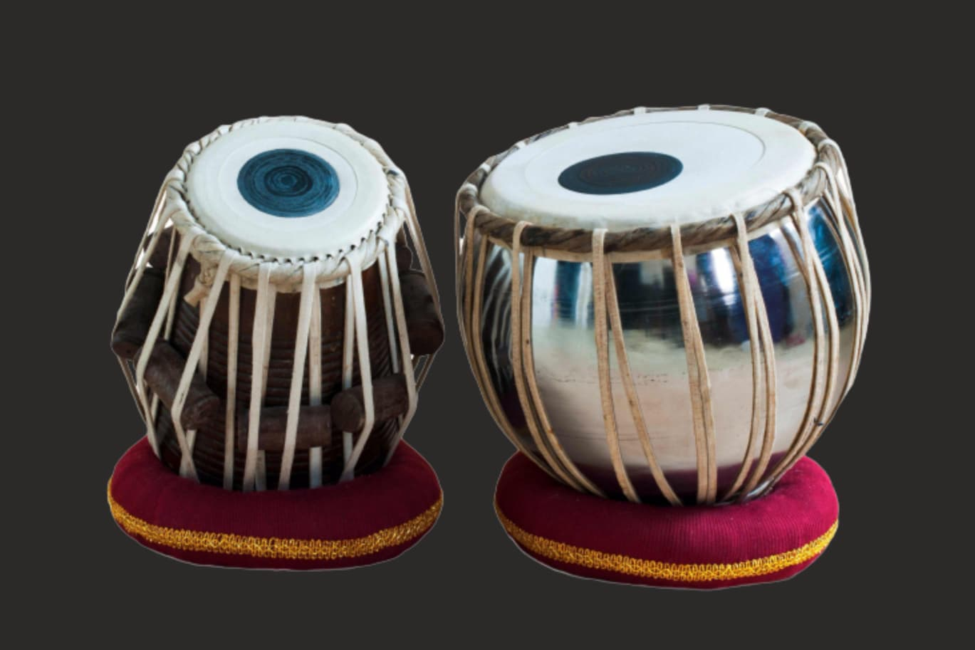 A pair of tabla drums, the wooden dayan and the metal bayan
