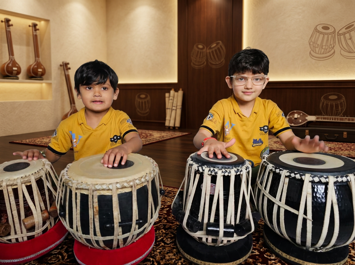 Two young tabla students playing in a warm studio setting